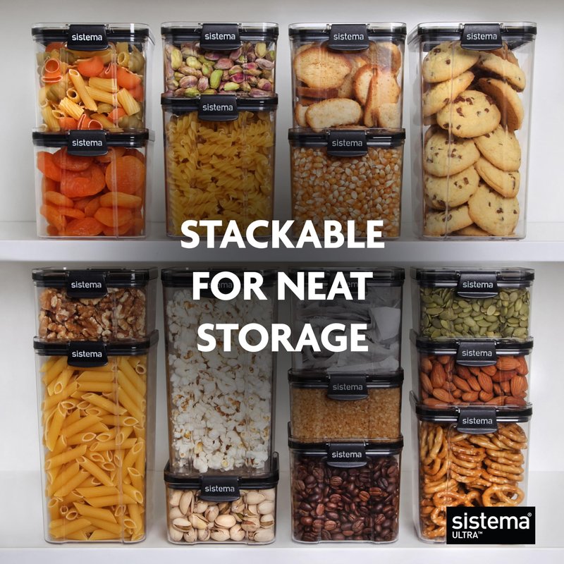 Sistema Tritan Ultra Airtight Pantry & Kitchen Storage Containers, 5-Pack, Clear Stackable Square Food Storage, BPA-Free, Dishwasher & Freezer-Safe (Microwave-Safe Without Lid)