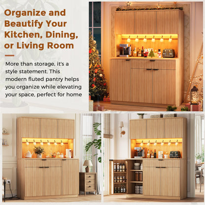 Jocoevol Fluted Kitchen Pantry Storage Cabinet with Charging Station/LED Light/Doors/Shelves, 71'' Tall Kitchen Food Hutch with Microwave Stand for Dining Room Living Room (Natural, 41 * 15.7 * 71)