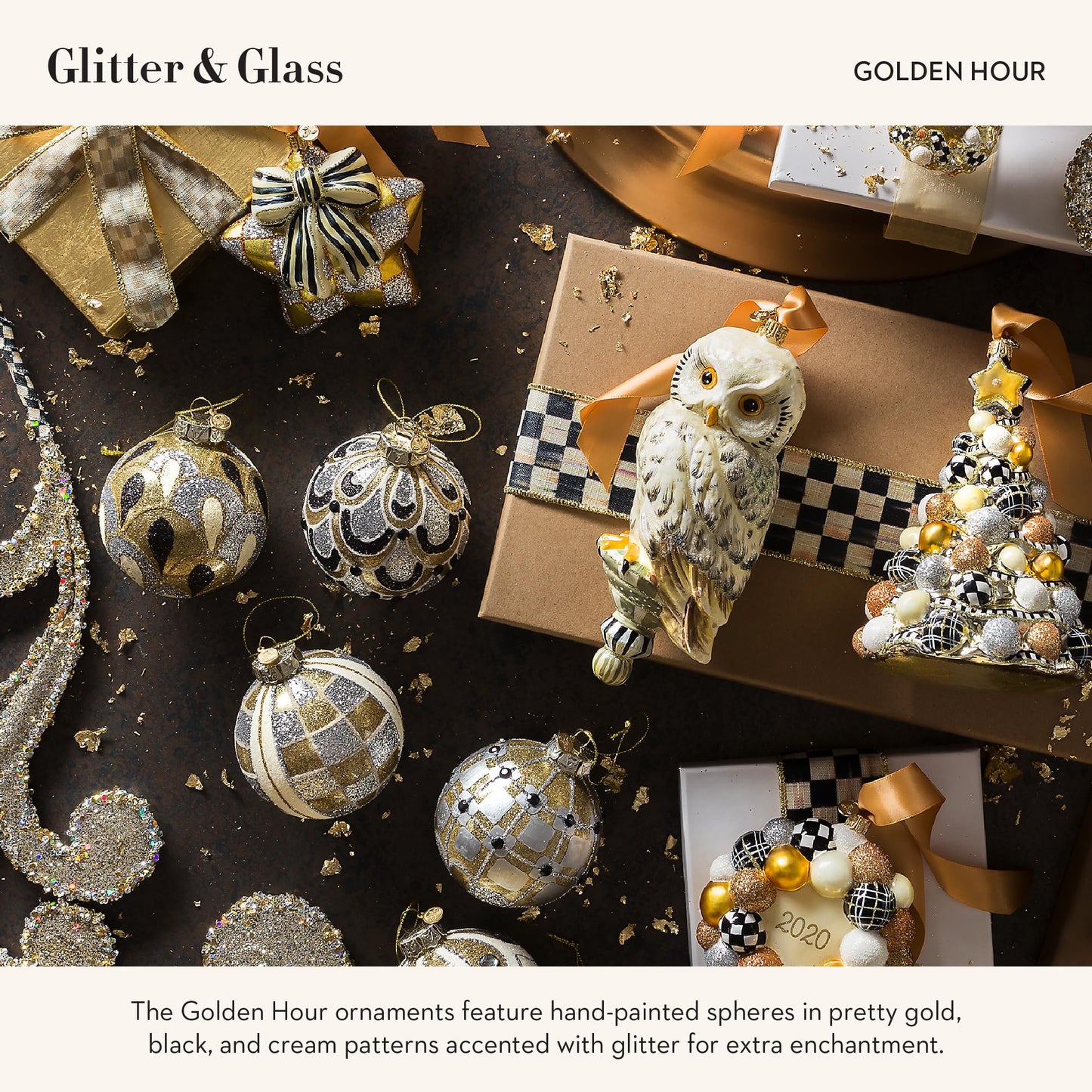 MACKENZIE-CHILDS Set of 6 Glass Ball Ornaments, Christmas Tree Decorations Set for Indoor Holiday Arrangements, Golden Hour