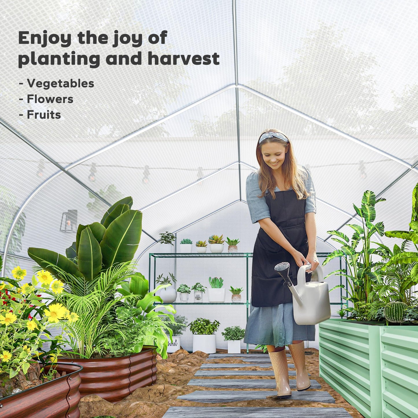 Outsunny 20' x 10' x 7' Outdoor Walk-in Greenhouse, Tunnel Green House with Roll-up Windows, Zippered Door, PE Cover, Heavy Duty Steel Frame, White