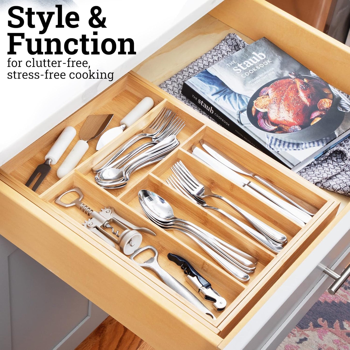 Dynamic Gear Premium Bamboo Silverware Organizer - Adjustable Kitchen Drawer Tray (6-8 slots)