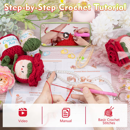 Alvian Handmade Crochet Rose Dumpling Fairy with Keychain - Flower Bouquet Beginners Crochet Kit for Valentine's Gifts, Birthday, Anniversary, Everlasting Rose Flower Craft Kit