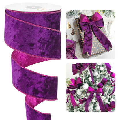 HUIHUANG Purple Velvet Wired Ribbon 2.5 inch Wired Velvet Ribbon with Purple Glitter for Gift Wrapping, Christmas Tree Decoration, Bows, Wreaths, Garlands, Halloween Decor - 10 Yards