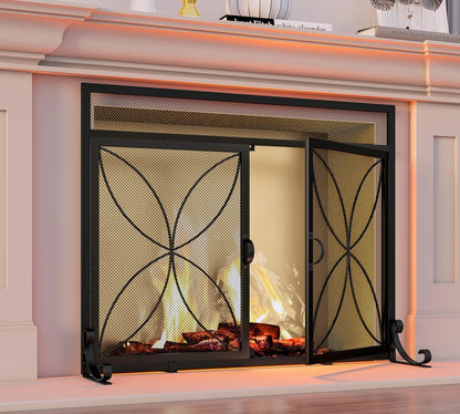 Fire Beauty Fireplace Screen with Magnetic Doors,Large Metal Fire Place Screen for Home,Spark Guard,Metal Furnace Fireguards,Baby Safe Spark Guard Protector,Black