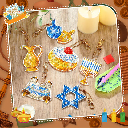 DEEKIN 30 Pcs Hanukkah Diamond Painting Keychains Hanukkah Crafts Ornaments Keychains Double Sided 5D Star Menorah Diamond Key Rings for Hanukkah DIY Birthday Party Supplies Favors