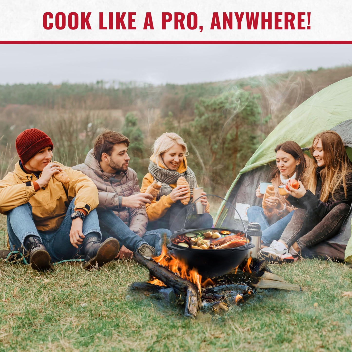 Camping Dutch Oven Pot with Grill Lid Brizoll 15.85 Quarts (15 L) - Cast Iron Cookware Set - Kazan for Plov - Uzbek Kazan Cast Iron - Premium Camping Cookware - Asian Cauldron - Dutch Oven With Frying Pan Lid