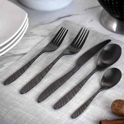 MegaChef La Vague 20 Piece Flatware Utensil Set, Stainless Steel Silverware Metal Service for 4 in Matte Black