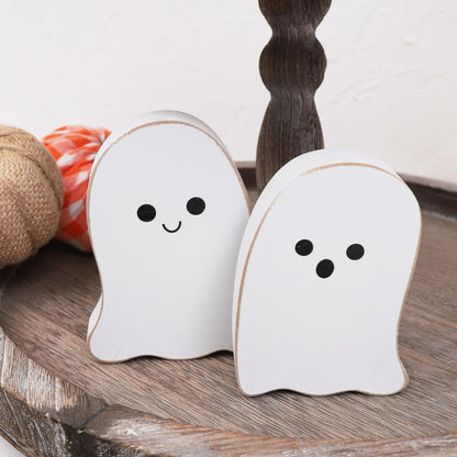 2 Pieces Halloween Decorations Wood Halloween Ghost Sign - Halloween Tiered Tray Decor, Distressed Wood Standing Ghost Sign for Halloween Party, Halloween Table Decor