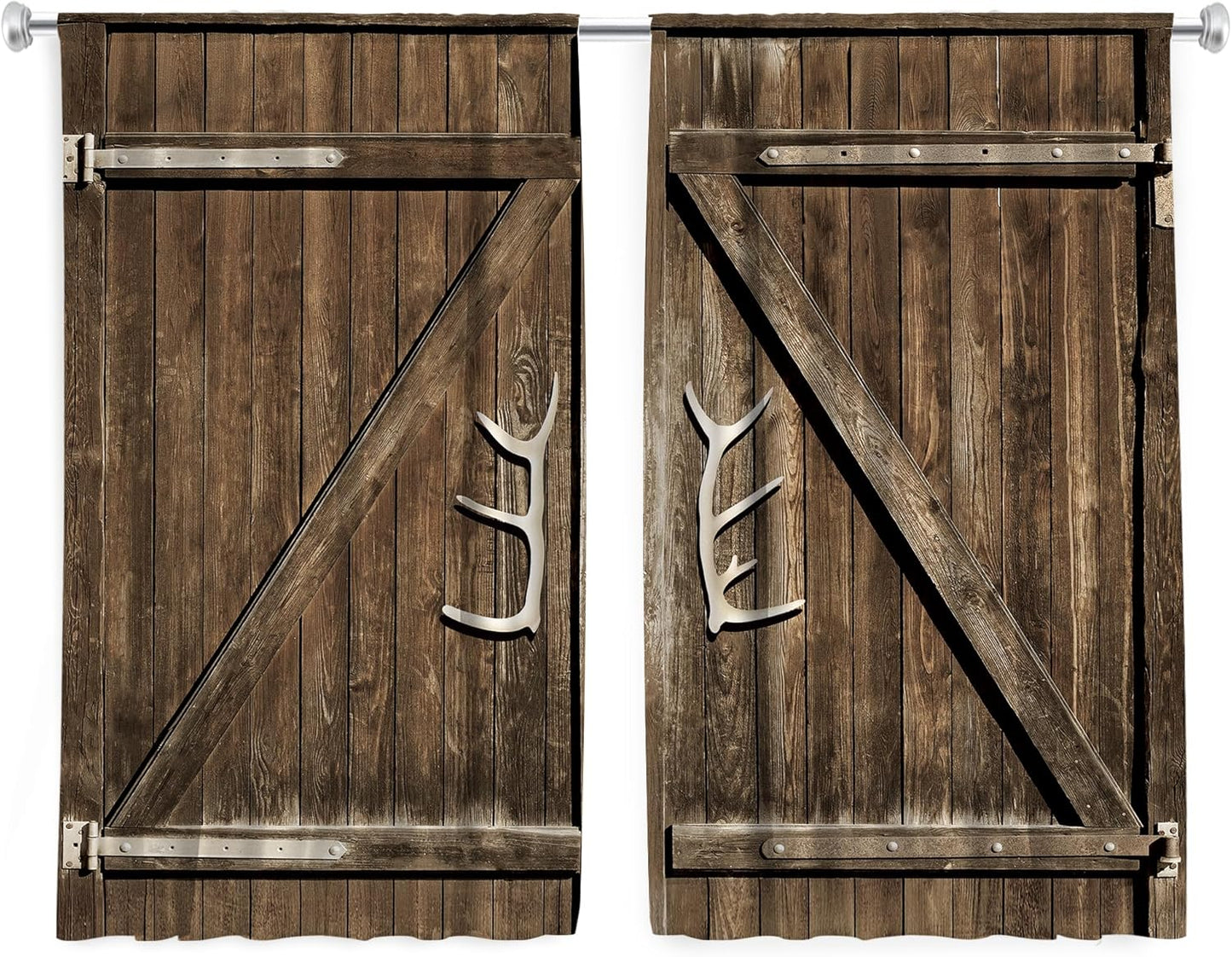 Cinbloo Farmhouse Kitchen Curtains, Rod Pocket 27.5W x 39L Inch Brown Barn Door Vintage Country Design, 2 Panels Set