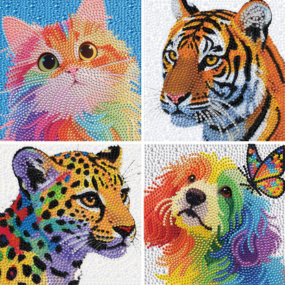 geesfayan 4 Pack Diamond Art Kit for Kids 6 Inch DIY Animal Gem Art with 4 Tools Sets, Gem Painting for Beginners, Creative Craft Gift for Teens & Kids(Tiger Leopard)