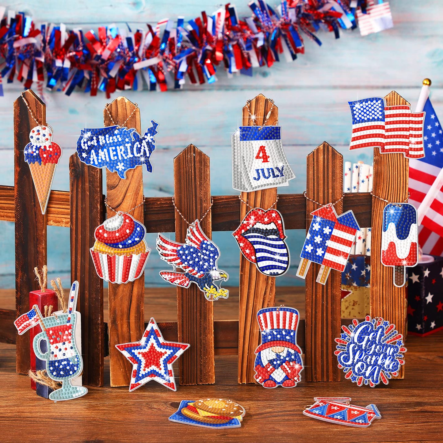 Ecally 15 Pcs Patriotic 4th of July Diamond Painting Keychains 5D DIY Art Ornaments for Independence Day Decor (Vivid)