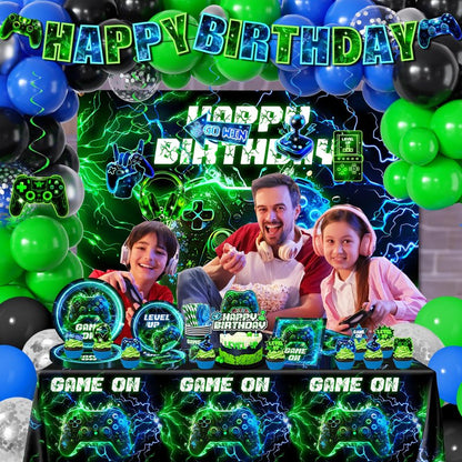 Video Game Birthday Decorations,260pcs Gaming Party Decorations Gamer Birthday Party Decorations Plates and Napkins Cups Tablecloth, Game Party Decorations for Boys Cake Topper Hanging Swirls