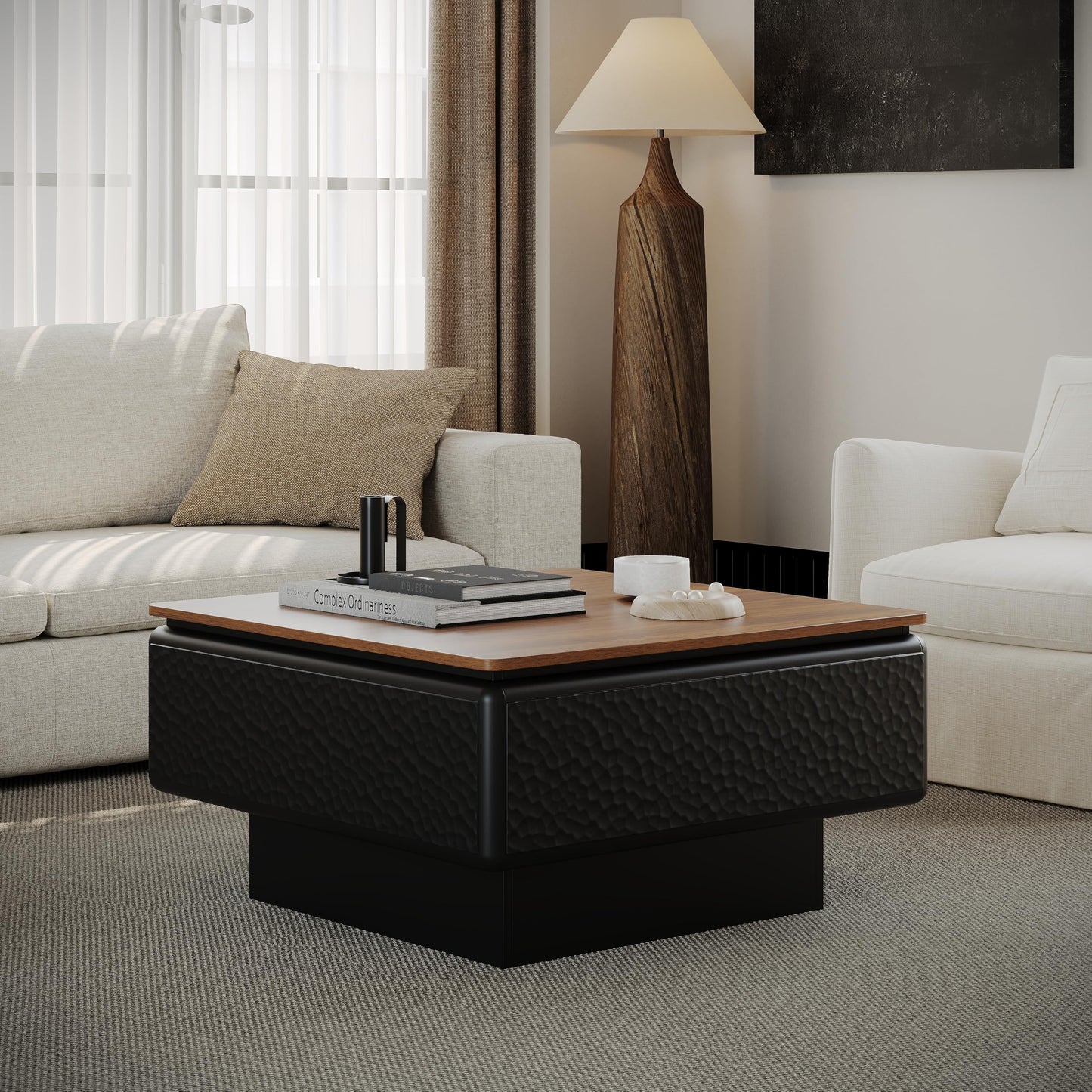 GDFStudio 31" Square Coffee Table with Lift Top Storage, Mid Century Modern Hammered Texture Center Table, Wooden Curved Tea Side Table with Hidden Compartment for Living Room Small Space, Black+Brown