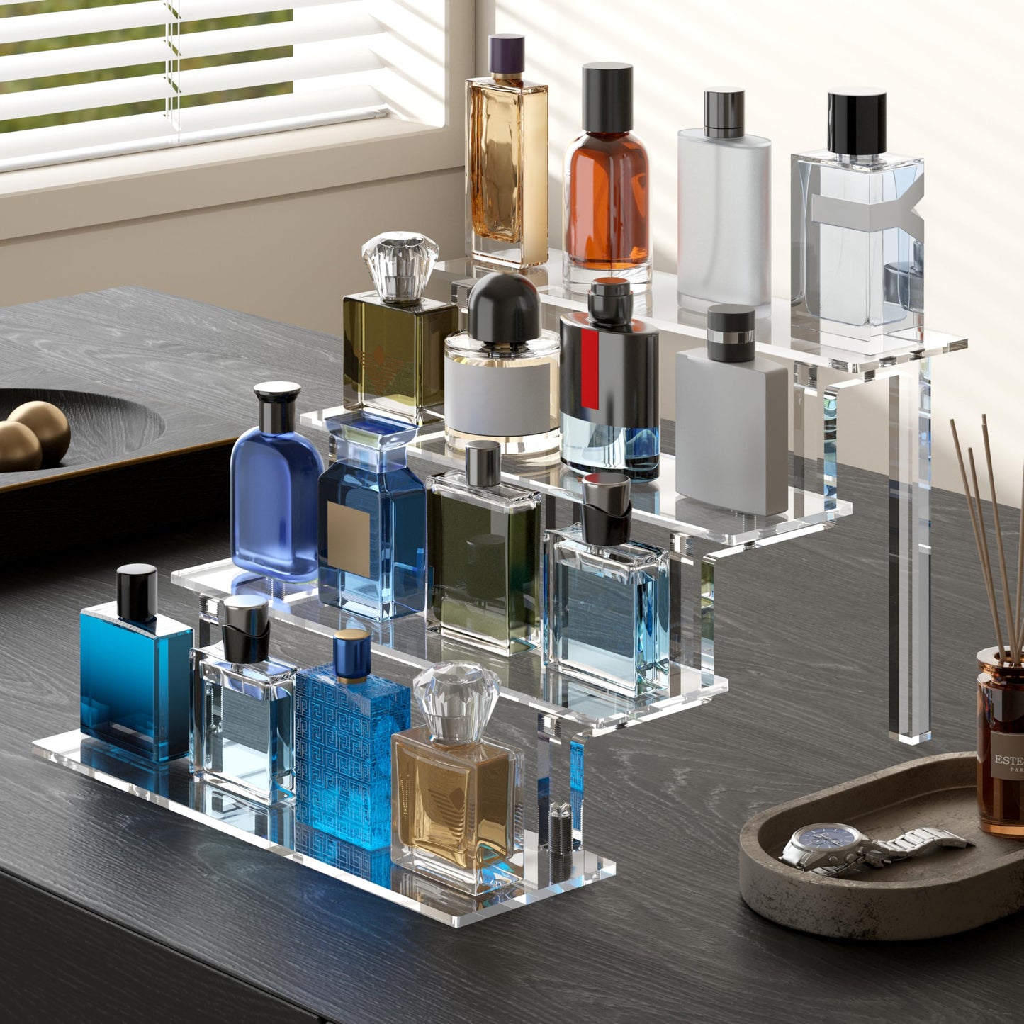 WINKINE Perfume Stand Organizer, Acrylic Riser Display Shelf, Clear Stand Compatible with Funko POP Figures, 4 Tiered Display Riser for Cologne, Acrylic Cupcake Organizer