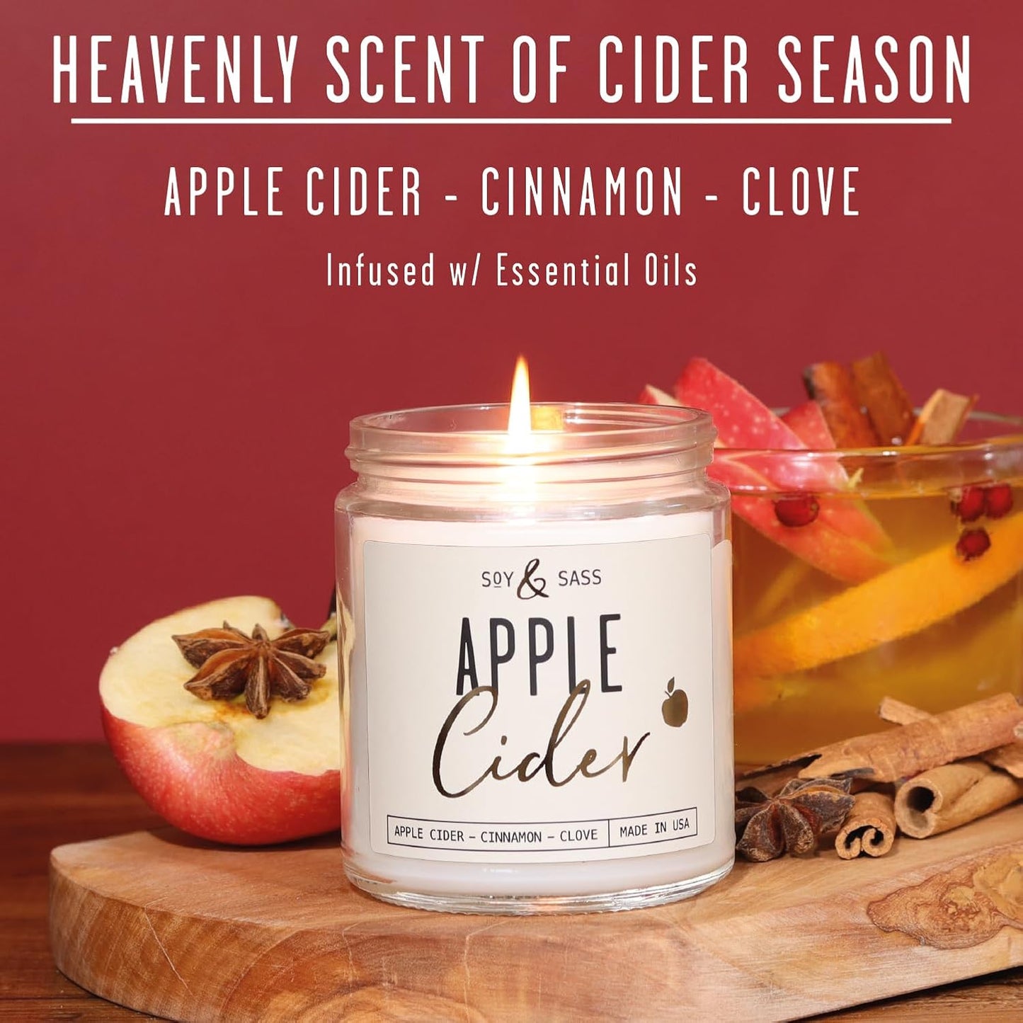 Apple Cider Candle - Fall Scented Candle with Essential Oils - 9oz Reusable Jar, 50Hr Burn, Made in USA