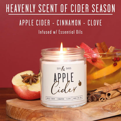 Apple Cider Candle - Fall Scented Candle with Essential Oils - 9oz Reusable Jar, 50Hr Burn, Made in USA
