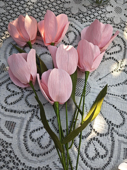 Mybbshower Pink Crepe Paper Tulip for Home Decor DIY Kit with Floral Tape & 12 Wire Stems DIY Craft Projects Crepe Paper Flower