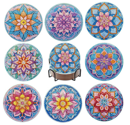 8 PCS Lotus Diamond Art Coasters Kits, Diamond Painting Coasters with Holder Set of 8, DIY Drink Coasters Art Crafts Supplies for Adults Cup Mat for Home Decor House Warming Gifts Non-Slip 3.9inch