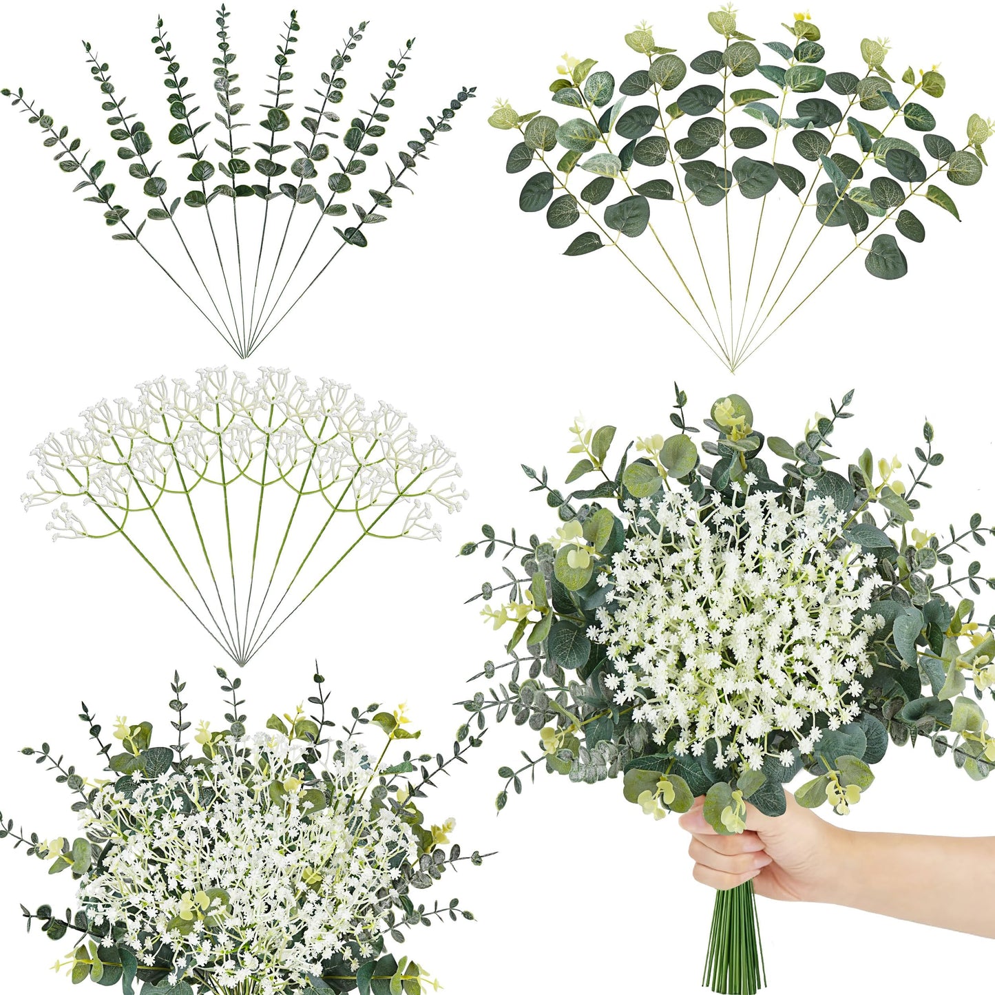 Der Rose 24Pcs Mixed Eucalyptus Stems&Babys Breath Artificial Flowers Bulk, Fake Flowers DIY Kit with Silver Dollar Leaves, Artificial Greenery Stems for Home Table Centerpieces Wedding Bouquets Decor