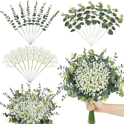 Der Rose 24Pcs Mixed Eucalyptus Stems&Babys Breath Artificial Flowers Bulk, Fake Flowers DIY Kit with Silver Dollar Leaves, Artificial Greenery Stems for Home Table Centerpieces Wedding Bouquets Decor