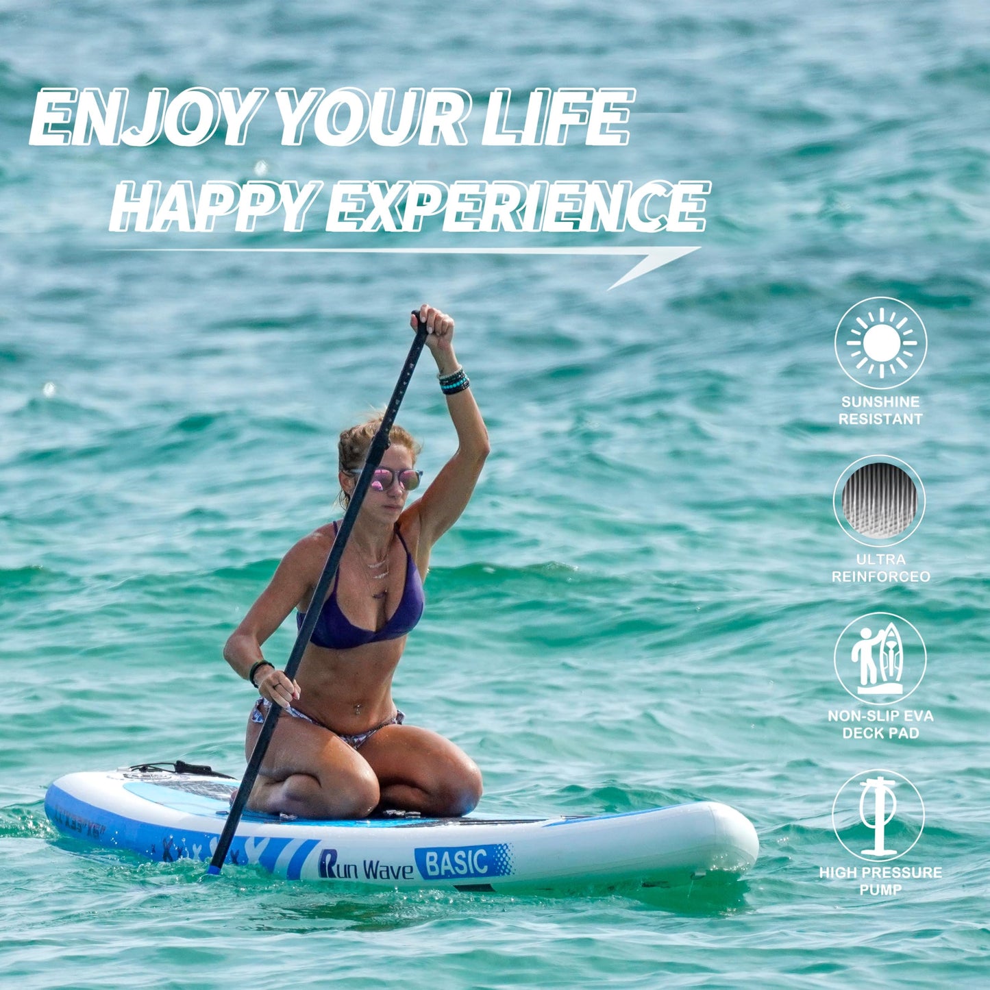 Run Wave Inflatable Stand Up Paddle Board 11'×33''×6''(6'' Thick) Non-Slip Deck with Premium SUP Accessories | Wide Stance, Bottom Fins for Surfing Control | Youth Adults Beginner (Kohala Blue)