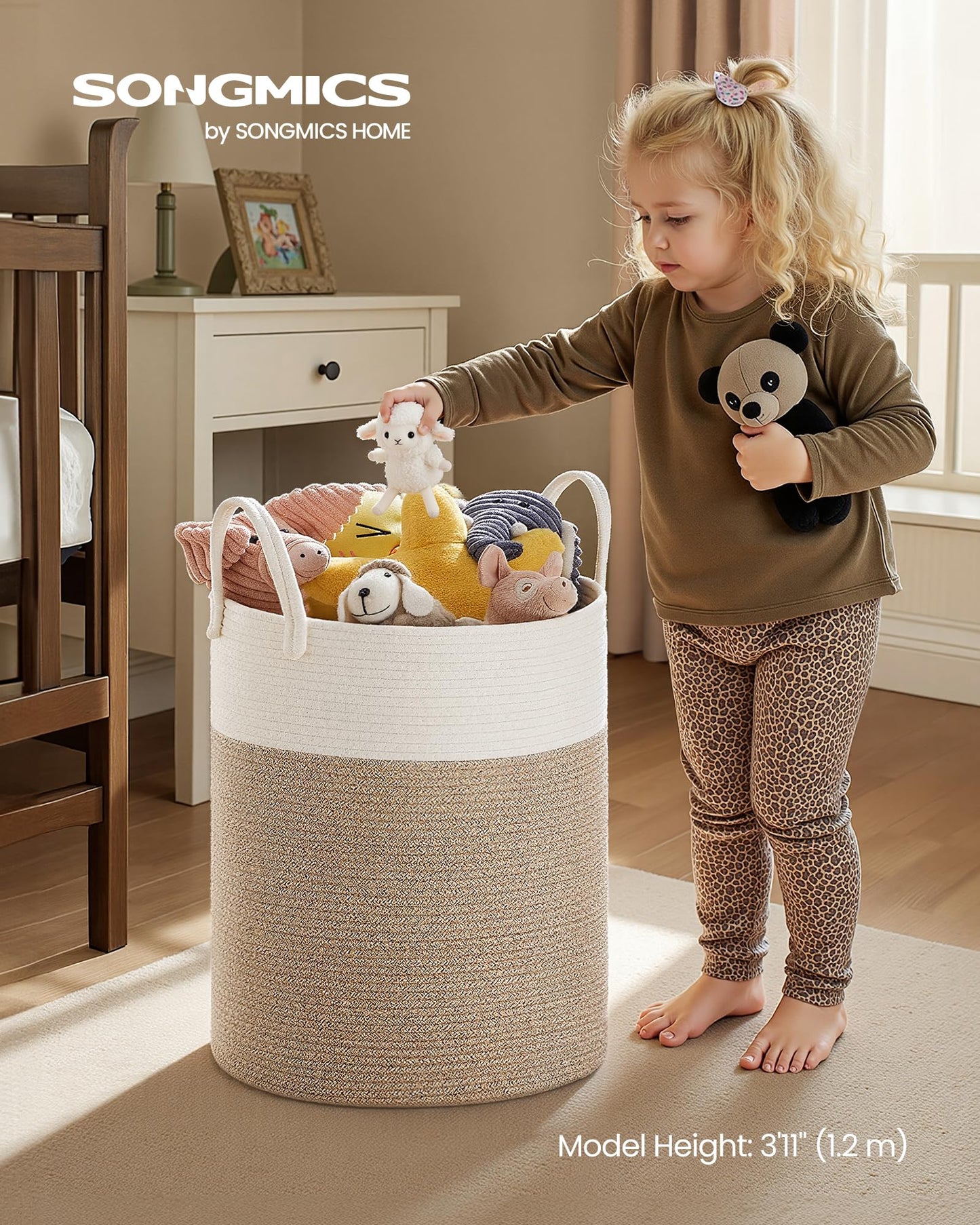 SONGMICS Laundry Hamper, Cotton Rope Laundry Basket with Handles, for Children, Toys, Clothing, Living Room, Bedroom, 15.8 Gallons, 13.8 x 13.8 x 19.7 Inches, White and Grayish Brown URLH061LZ01