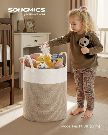 SONGMICS Laundry Hamper, Cotton Rope Laundry Basket with Handles, for Children, Toys, Clothing, Living Room, Bedroom, 15.8 Gallons, 13.8 x 13.8 x 19.7 Inches, White and Grayish Brown URLH061LZ01