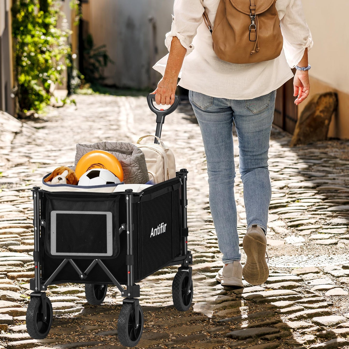 Antifir Collapsible Wagon Carts,Folding Wagon Cart with All Terrain Wheels,Heavy Duty Garden Carts with Adjustable Handle,Outdoor Utility Wagon for Camping Shopping Sports Fishing (Black)