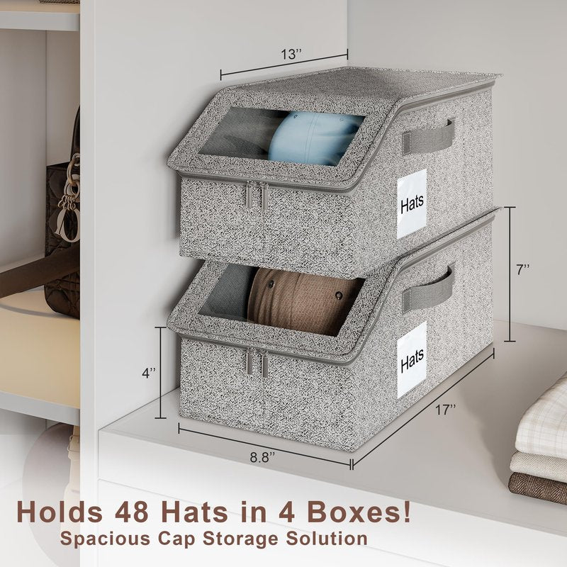 WYZJC 4 PCS Hat Organizer for Baseball Caps, Multi Functional Storage Box (Accommodates 48 Hats) with Visible Window and Zipper - Gray