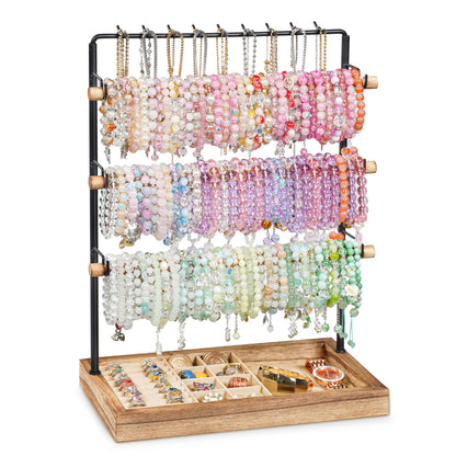 Emfogo Jewelry Organizer Stand, 5 Layer Wood & Metal Bracelet Holder with Necklace Holder Pole, Large Capacity Jewelry Display Holder for Bracelets Necklaces Rings Watches Scrunchies (Rustic Brown)