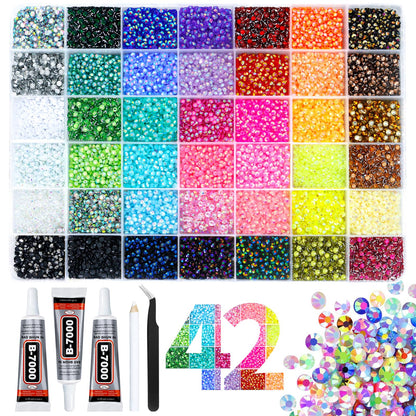 42000PCS 42Colors Resin Jelly Rhinestones for Bedazzling,3mm Flat Back Gems for Crafting, Bedazzling Kit with 3Pcs B7000 Glue for Clothing Shoes Nail Diamond Art.