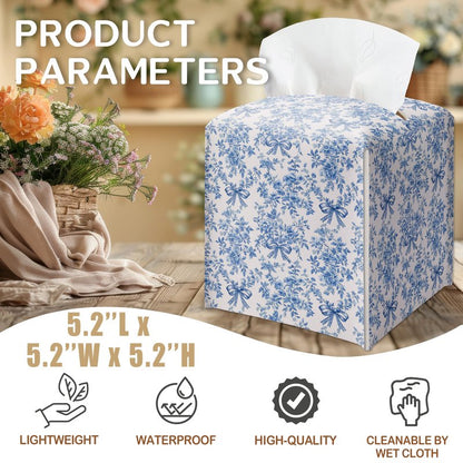 Blue Chinoiserie Bow Tissue Box Cover, Tissue Box Cover Square, Gifts for Women Men Friends, Decorative Facial Paper Case for Home Office Bathroom Vanity Countertop-A09