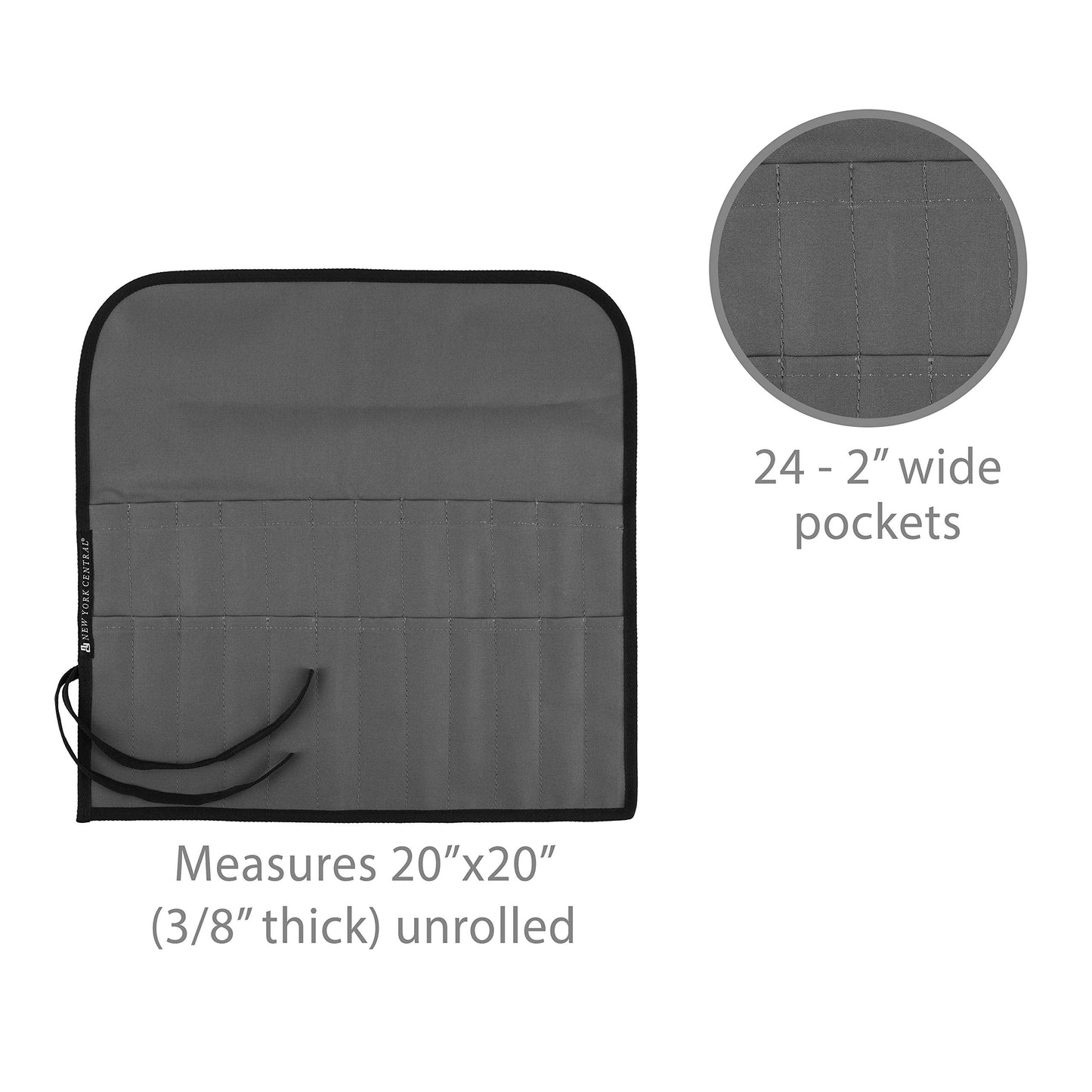 New York Central Professional Paint Brush Roll Up Case and Art Brush Organizer, Waterproof, LightWeight, Breathable and Tough, 20"X20" 3/8" Unrolled, Gray with Black Piping