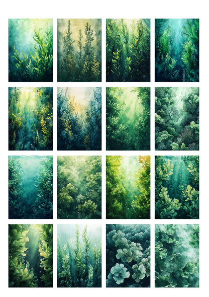Decoupage Paper Pack (35 Sheets 6"x8") Underwater Greens: Beautifully Painted Aquatic Plants Swaying in The Ocean Depths, Illuminated by Ethereal Rays of Sunlight FLONZ Vintage
