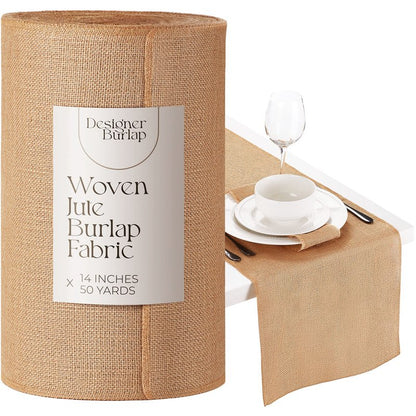 Designer Burlap Table Runner - For Farmhouse-Style Dining Room - Woven Jute Fabric Placemats or Centerpieces - Rustic Home Decor for Coffee, Tea, & Outdoor Tables - Long Roll, 14 Inches x 50 Yards