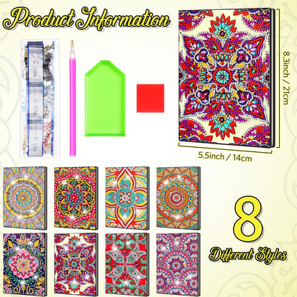 Tenceur 8 Pcs Diamond Art Notebooks Kits for Adult DIY 5D Colorful Mandala Flower Journal Notebook Notepad Sketchbook with Tools Birthday Gifts for Study Home Office Art Drawing