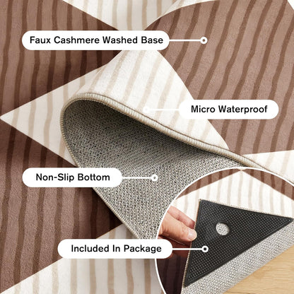 5x7 Washable Checkered Rugs for Bedroom, Brown and White Area Rug for Living Room, Geometric Faux Wool Carpet for Kids