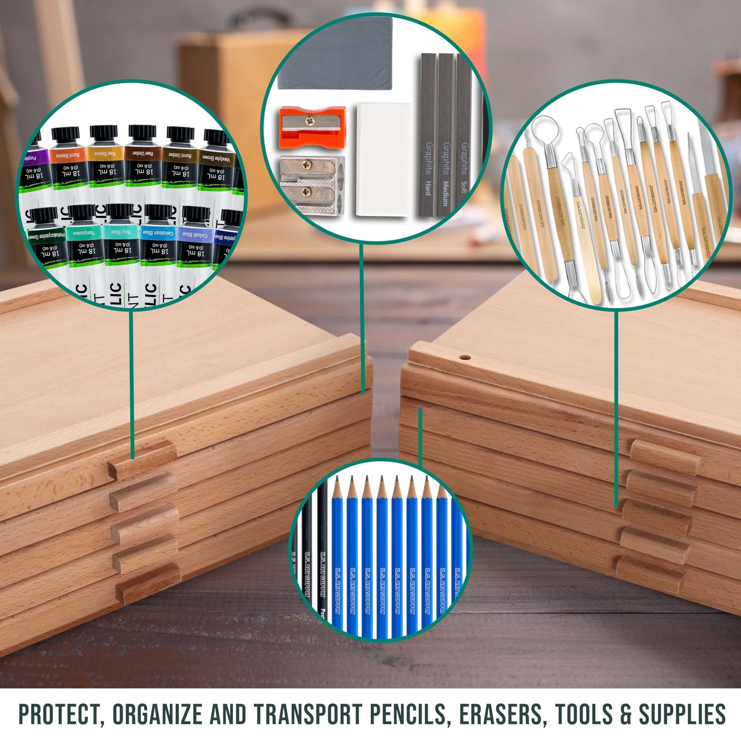 U.S. Art Supply 10-Drawer Artist Tool Supply Box with 5 Compartments per Drawer - Hardwood Art Box for Artist Supplies, Brushes, Pencils, Erasers, Tool Storage Organizer Case