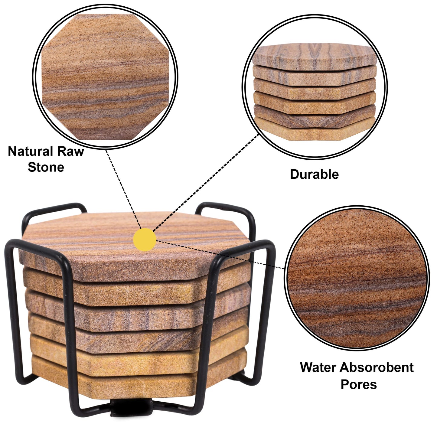 Marbco Sandstone Water Absorbent Hand Crafted Octagon Coasters for Drinks- Set of 6-4 inches Wide Thirsty Stone bar/Drink Coasters Made from Real Solid Stone (Without Holder, Set of 6)
