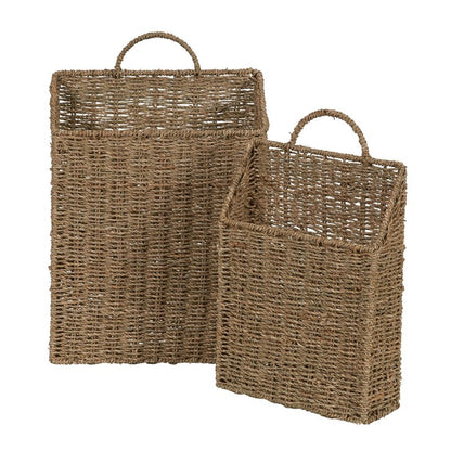 Rectangular Wicker Hanging Baskets, Set of 2, Small and Large, Handwoven Seagrass, Durable Metal Wire Frame, Multipurpose and Contemporary, Perfect for Organizing Newspapers, Mail and More, Natural