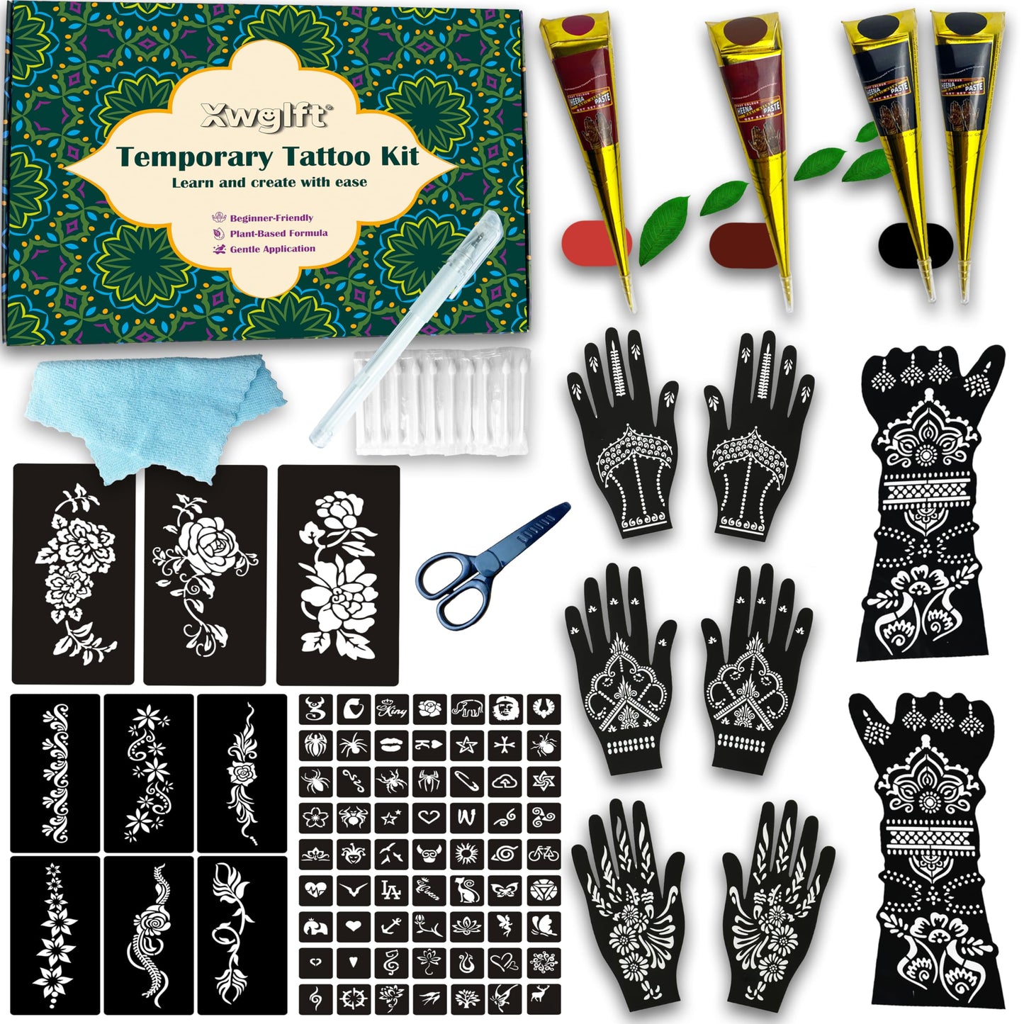 80 PCS Temporary Tattoo Kit with Large Arm & Hand Stencils - 4 Tattoo Cones (2 Black, 1 Brown, 1 Dark Red) & Outline Pen - Waterproof DIY Body Art Set, Ideal Gift for Kids, Teens, Parties & Family Fun