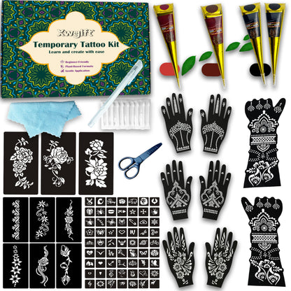 80 PCS Temporary Tattoo Kit with Large Arm & Hand Stencils - 4 Tattoo Cones (2 Black, 1 Brown, 1 Dark Red) & Outline Pen - Waterproof DIY Body Art Set, Ideal Gift for Kids, Teens, Parties & Family Fun