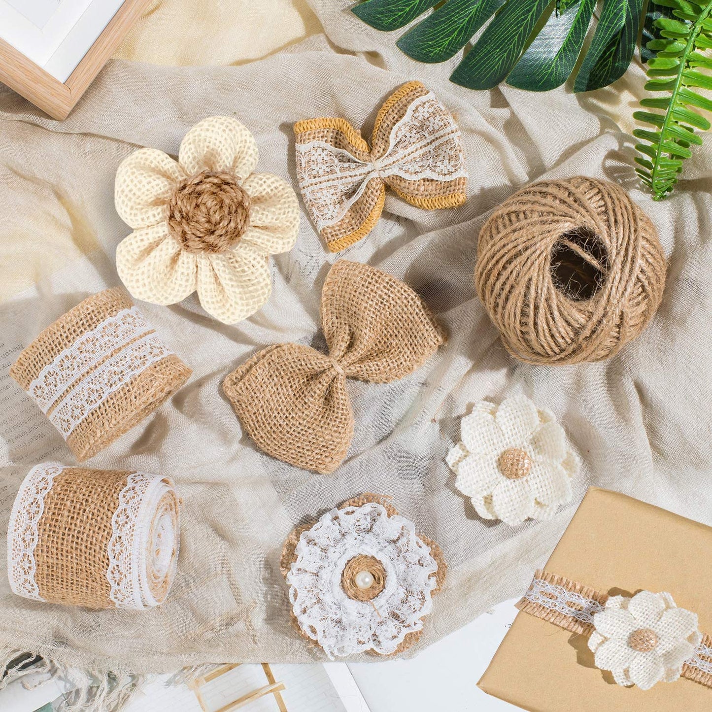 OZXCHIXU 30PCS Burlap Flowers Set Including 24 Handmade Burlap Flowers and Bowknots,5 Lace Burlap Ribbon Rolls, 1 Twine Ribbon and Glue Pointsfor Wedding Party Decoration Home Embellishment DIY Crafts
