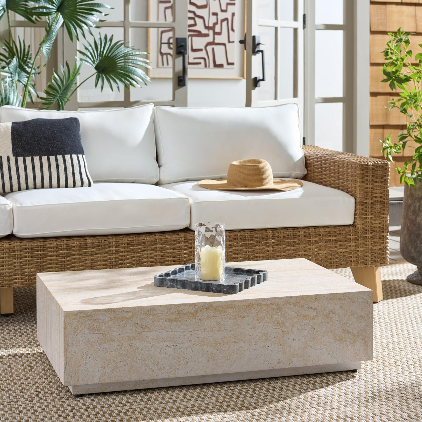 SAFAVIEH Outdoor - Tina Rectangle Coffee Table - Travertine-Effect - Fully Assembled - Weather Resistant - Ideal for Deck, Patio, Backyard, 39.4" W x 23.6" D x 10.6" H (PAT6213A)