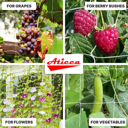 ATICCA Trellis Netting 5 x 225 ft Heavy Duty Polyester Plant Support Netting White - 6 Inch Garden Rope Trellis on Roll - Mesh Twine for Growing Vine Climbing Plants, Flowers, Peas, and Tomatoes.