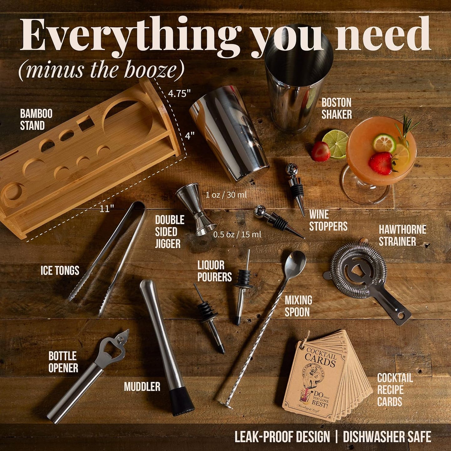 13 Set Mixology & Craft Bartender Kit - Piece Including Stainless Steel Cocktail Making with Bar Stand & Boston Shaker