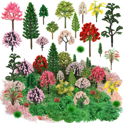 QUOZUO 36 Pcs Mixed Model Trees with 40g Moss Pink and Green, Diorama Trees Grass Mini Fake Miniature Trees Moss for Building Model, Model Train Scenery, Natural Green Landscape, Railroad Scenery