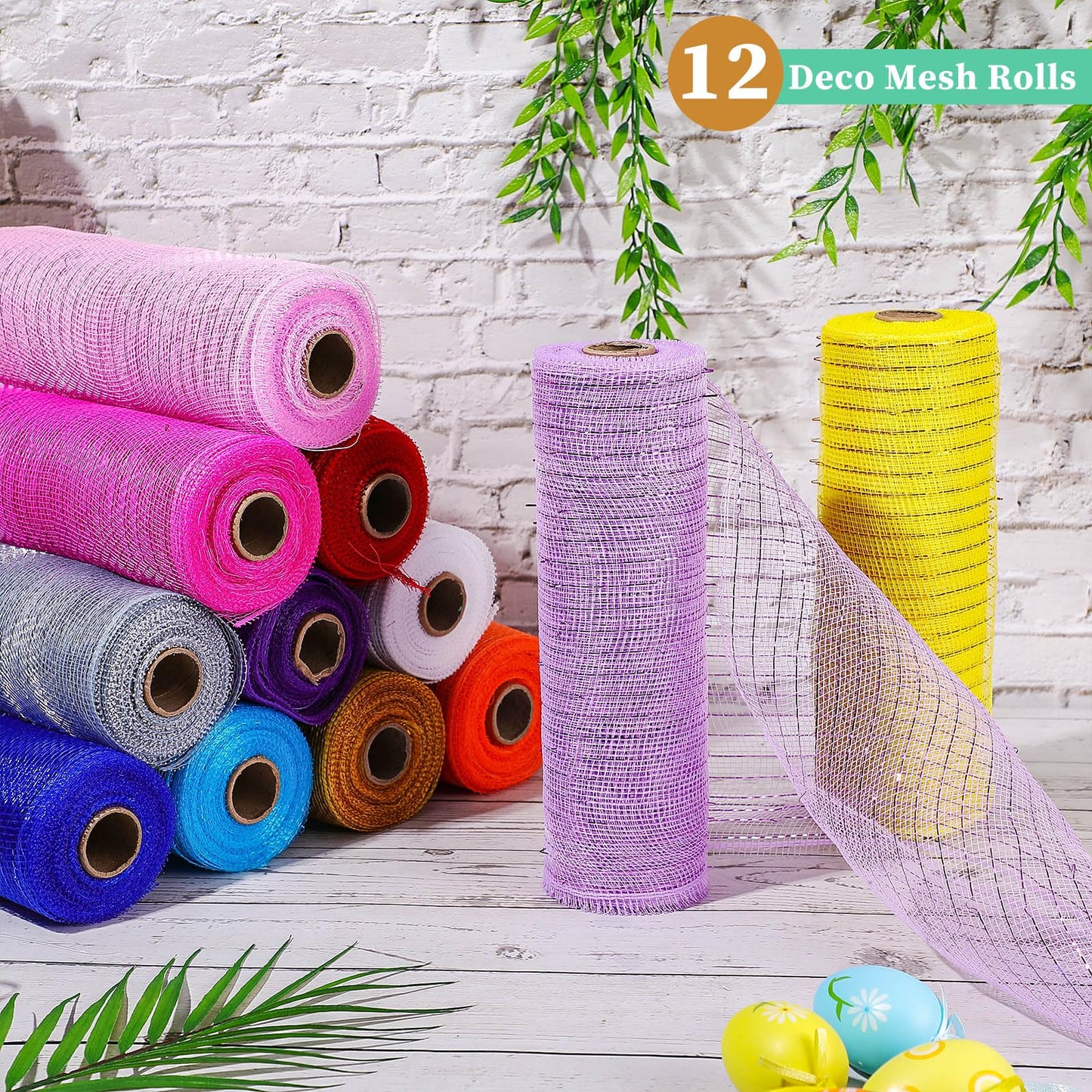 Timgle 12 Rolls 10 Inch Deco Mesh Ribbon for Wreath Making - 120 Yards Total, Metallic Mesh Foil Poly for Spring Summer Crafts, Home Door Wreaths DIY Supplies 30ft Each Roll(Modern Color)
