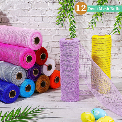 Timgle 12 Rolls 10 Inch Deco Mesh Ribbon for Wreath Making - 120 Yards Total, Metallic Mesh Foil Poly for Spring Summer Crafts, Home Door Wreaths DIY Supplies 30ft Each Roll(Modern Color)