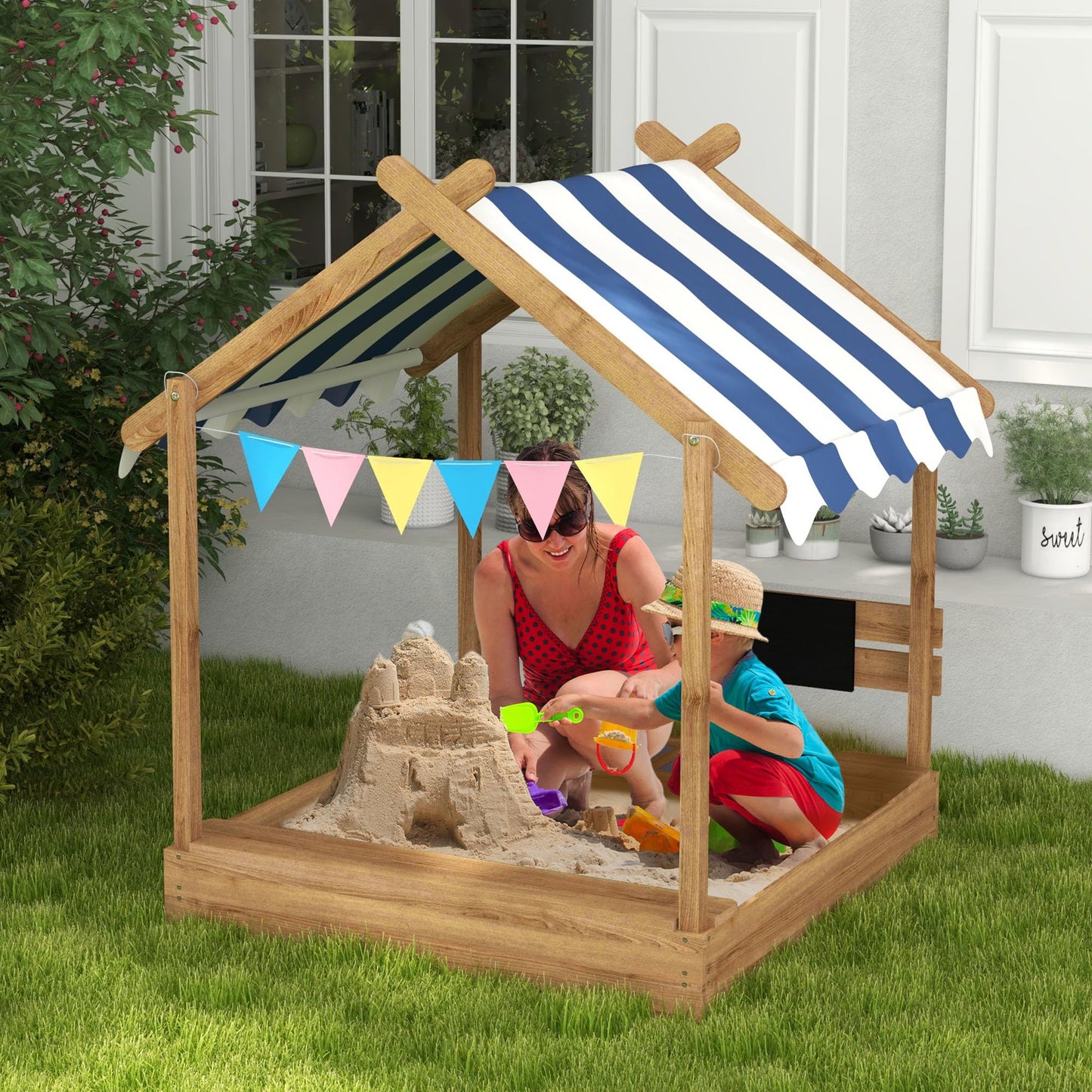 Gecheer Wooden Sandbox with Canopy House Design for Kids Ages 3-7 – Weather-Resistant Fir Wood Play Set with Sink, Basins, Bucket & Blackboard